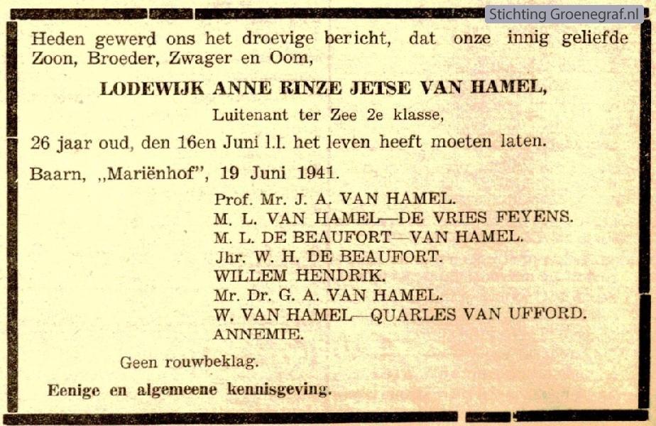 Overlijdensscan Lodewijk Anne Rinse Jetze van Hamel