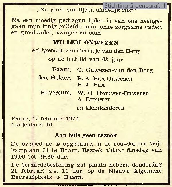 Overlijdensscan Willem  Onwezen