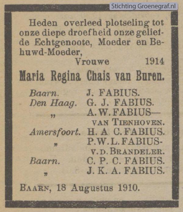 Overlijdensscan Maria Regina  Chais van Buren
