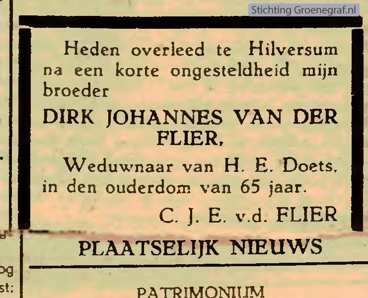 Overlijdensscan Dirk Johannes van der  Flier