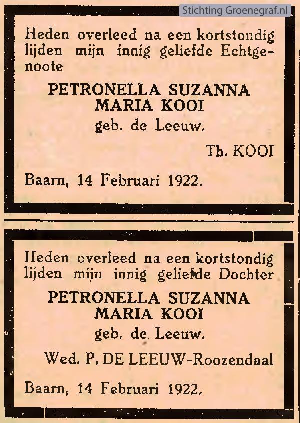 Overlijdensscan Petronella Susanna Maria  de Leeuw