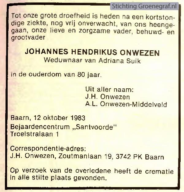 Overlijdensscan Johannes Hendrikus   Onwezen 