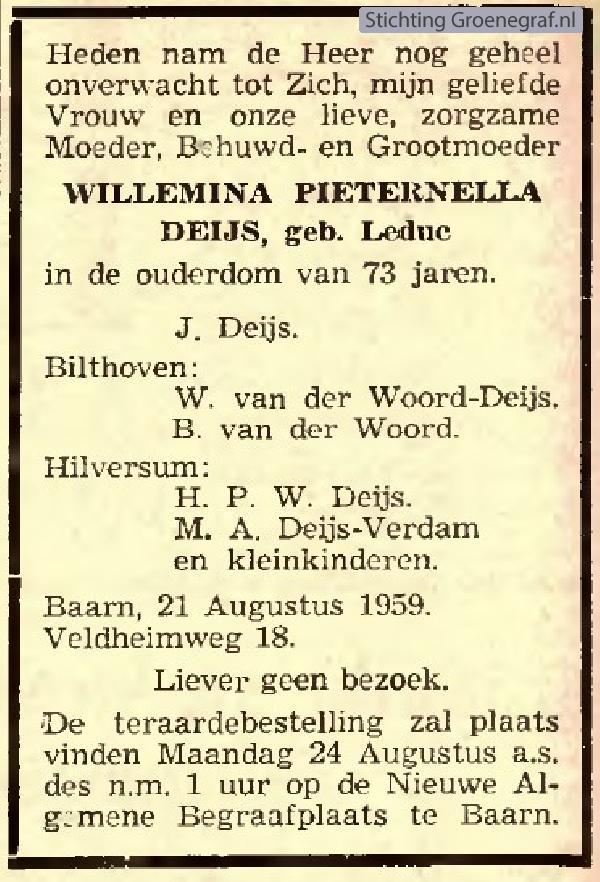 Overlijdensscan Willemina Pieternella  Leduc