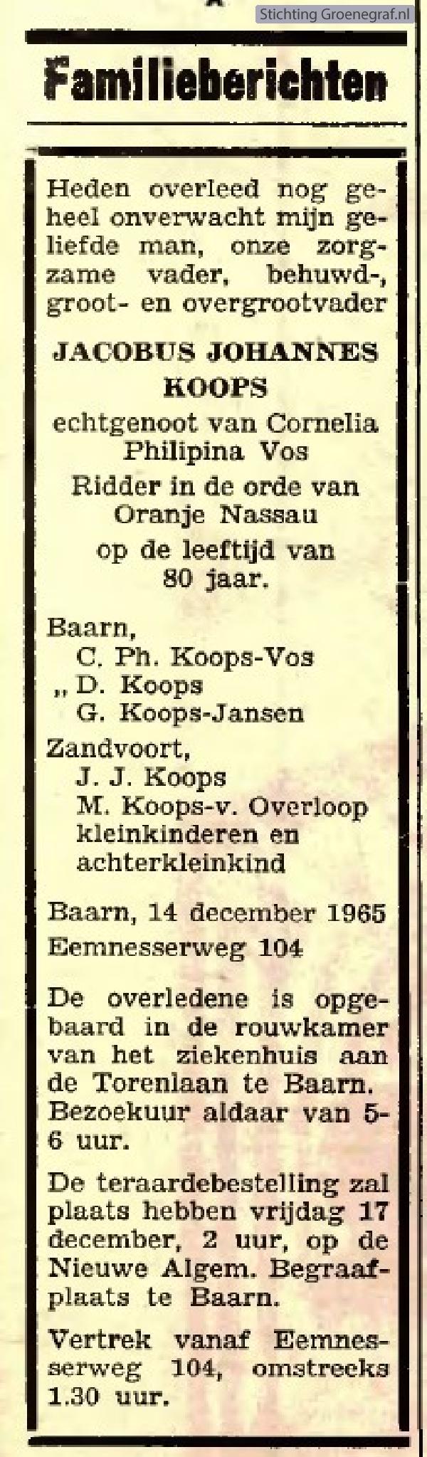 Overlijdensscan Jacobus Johannes  Koops