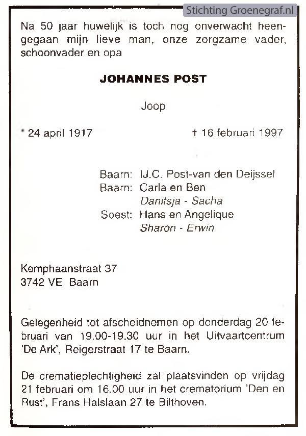 Overlijdensscan Johannes  Post