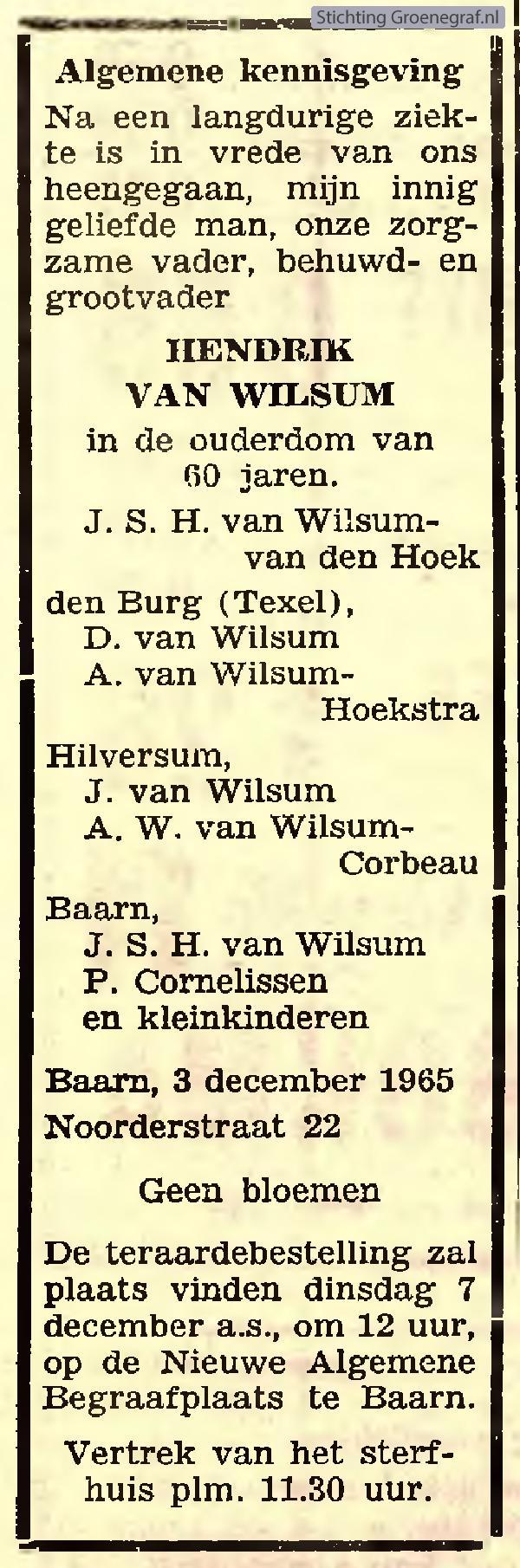 Overlijdensscan Hendrik van Wilsum