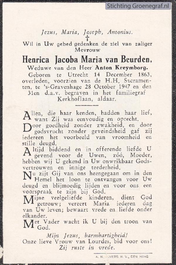 Overlijdensscan Henrica Jacoba Maria van Beurden