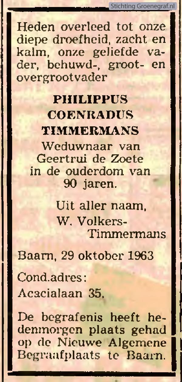 Overlijdensscan Philippus Coenradus  Timmermans