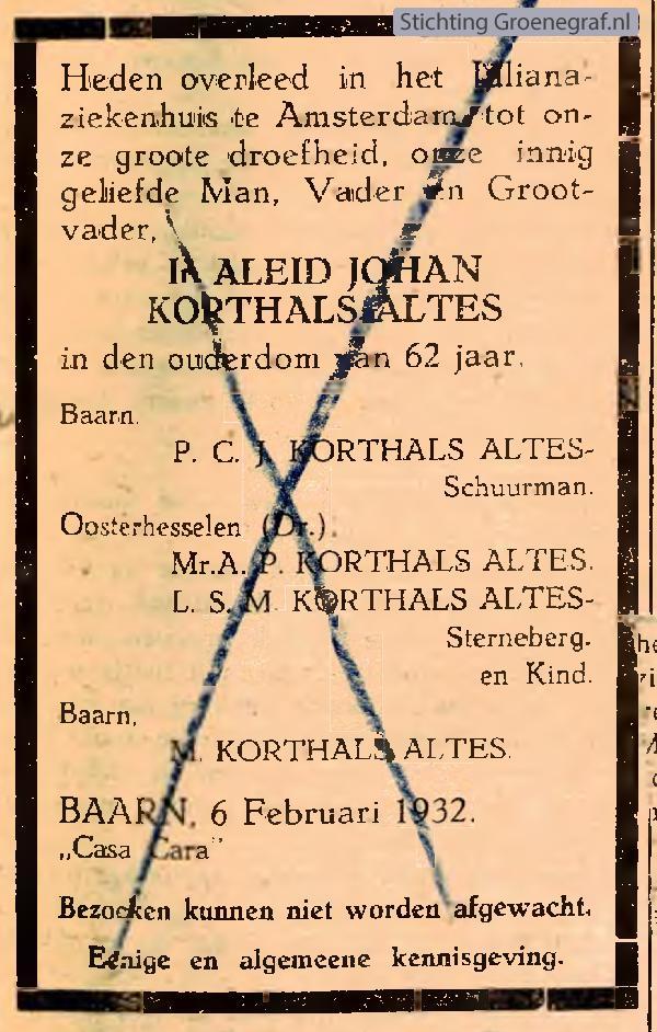 Overlijdensscan Aleid Johan  Korthals Altes