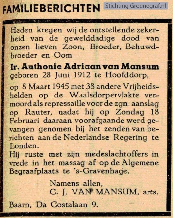 Overlijdensscan Anthonie Adriaan van Mansum