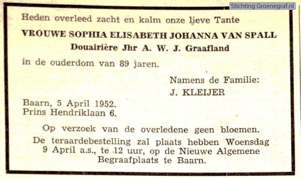 Overlijdensscan Sophia Elisabeth Johanna van Spall