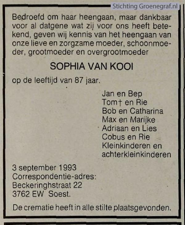 Overlijdensscan Sophia van Kooi