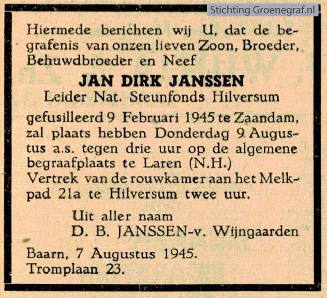 Overlijdensscan Jan Dirk  Janssen