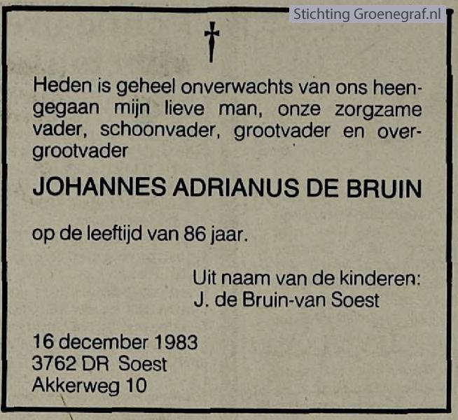 Overlijdensscan Johannes Adrianus de Bruin
