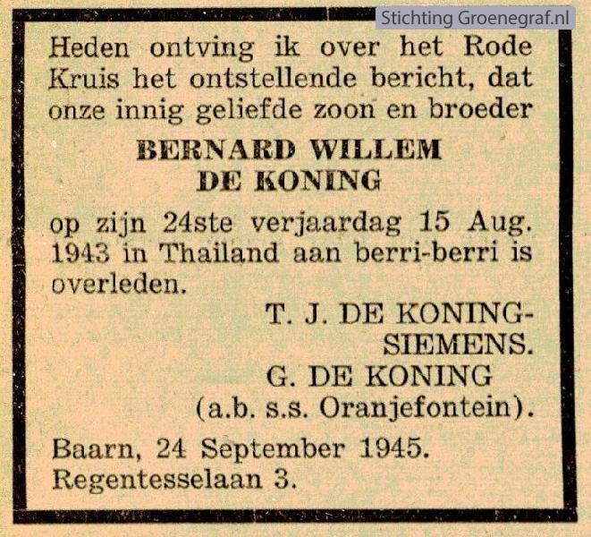 Overlijdensscan Bernard Willem de Koning