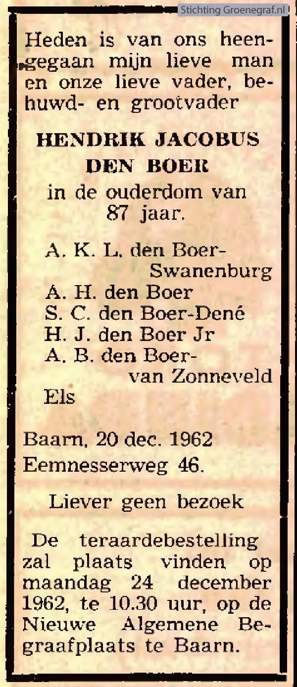Overlijdensscan Hendrik Jacobus den Boer