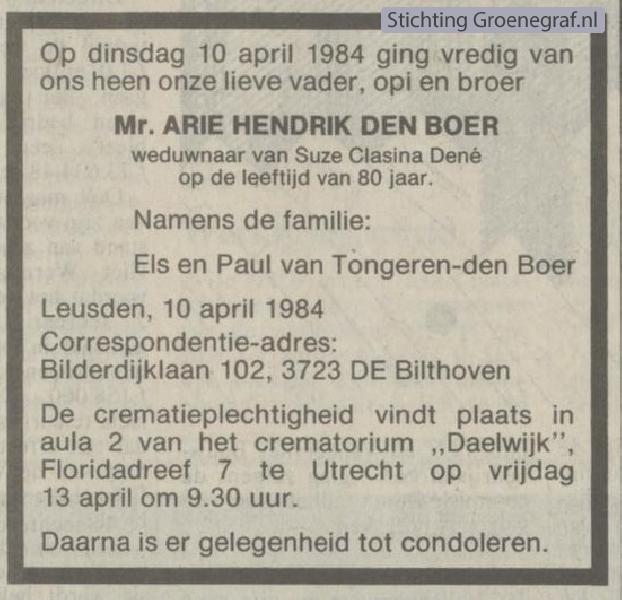 Overlijdensscan Arie Hendrik den Boer