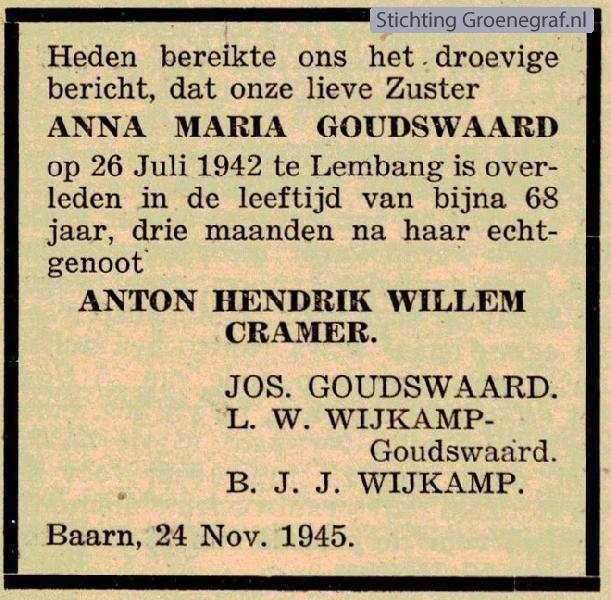 Overlijdensscan Anna Maria  Goudswaard