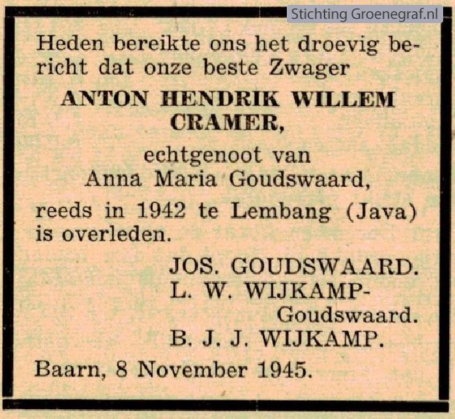 Overlijdensscan Anton Hendrik Willem  Cramer