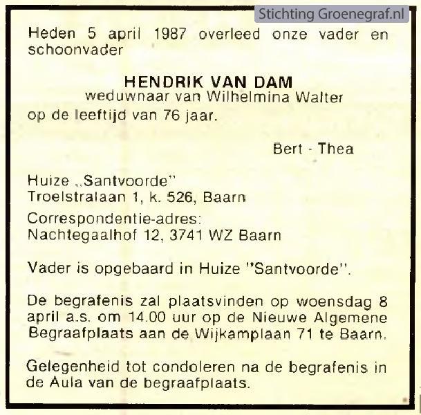 Overlijdensscan Hendrik van Dam