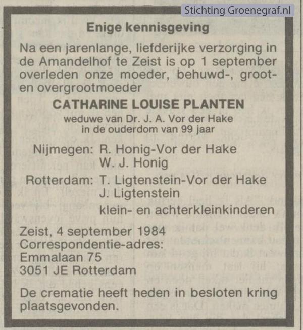 Overlijdensscan Catharina Louise  Planten