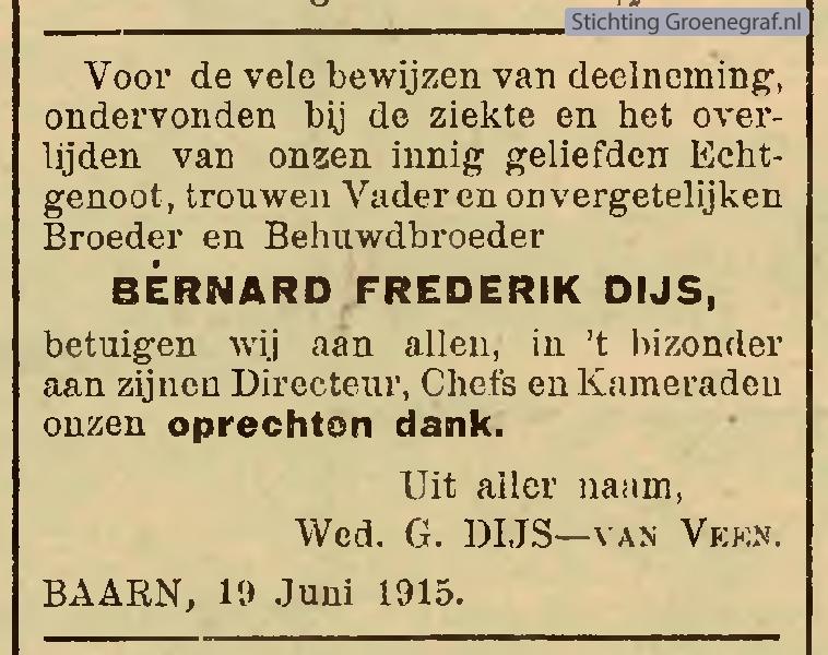 Overlijdensscan Bernard Frederik  Dijs