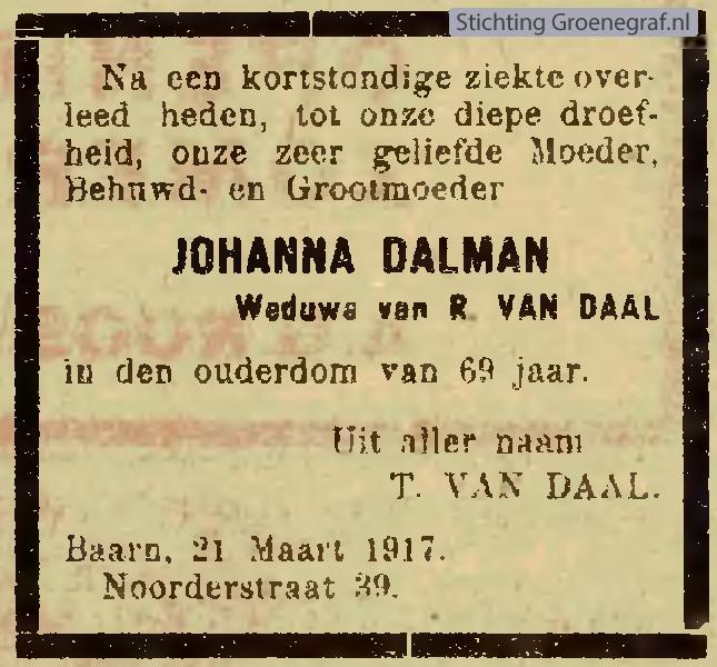 Overlijdensscan Johanna  Dalman