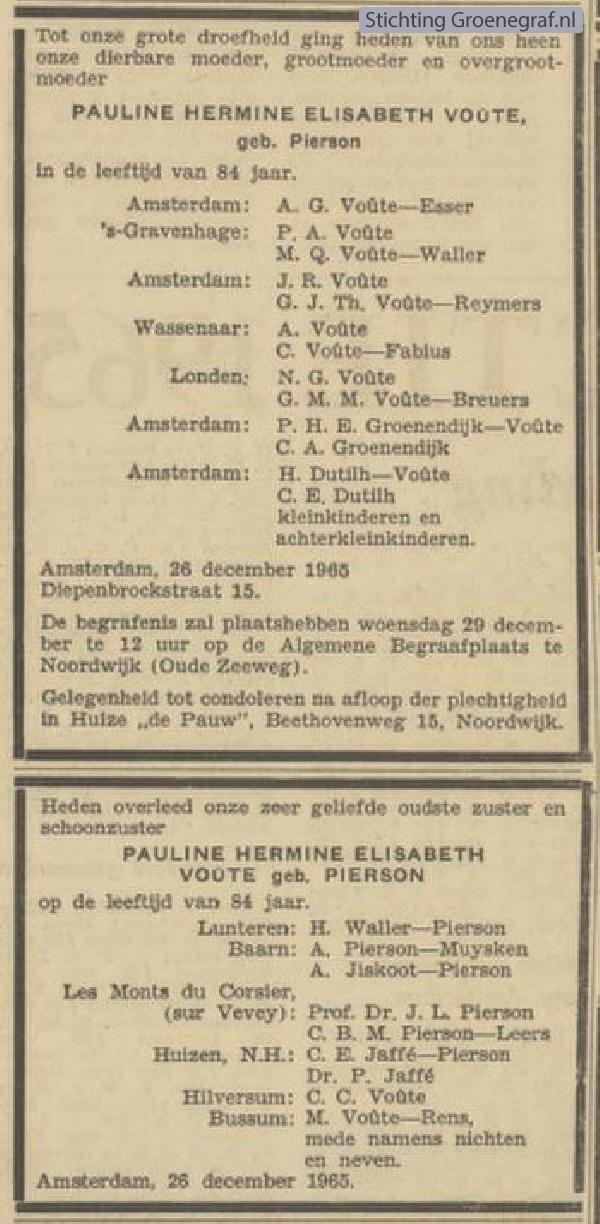 Overlijdensscan Pauline Hermina Elizabeth  Pierson