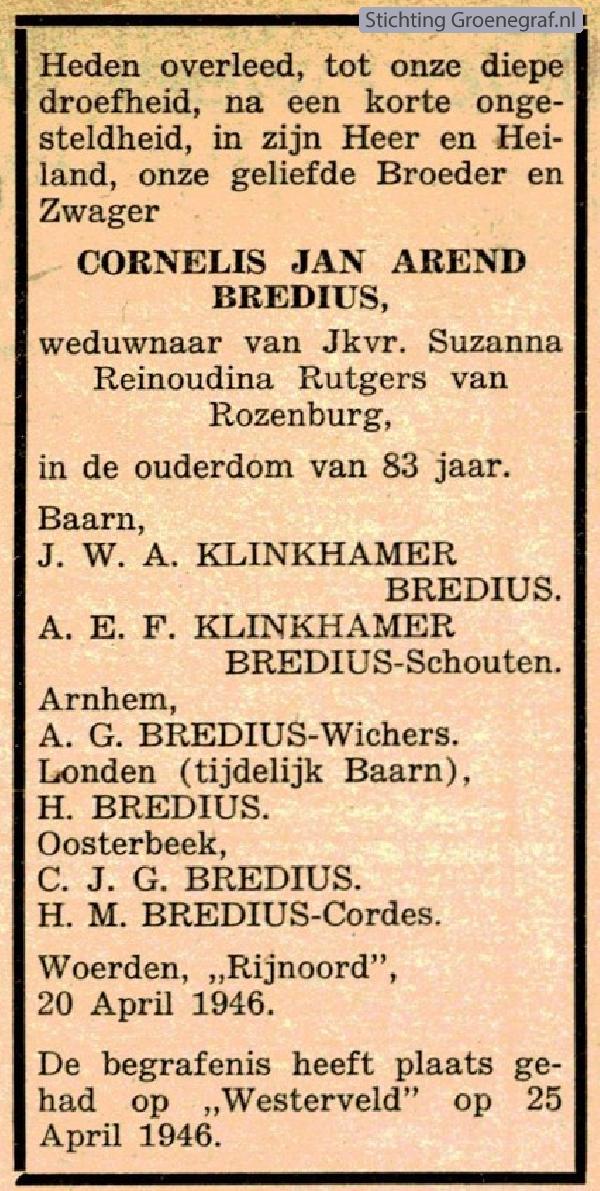 Overlijdensscan Cornelis Jan Arend  Bredius