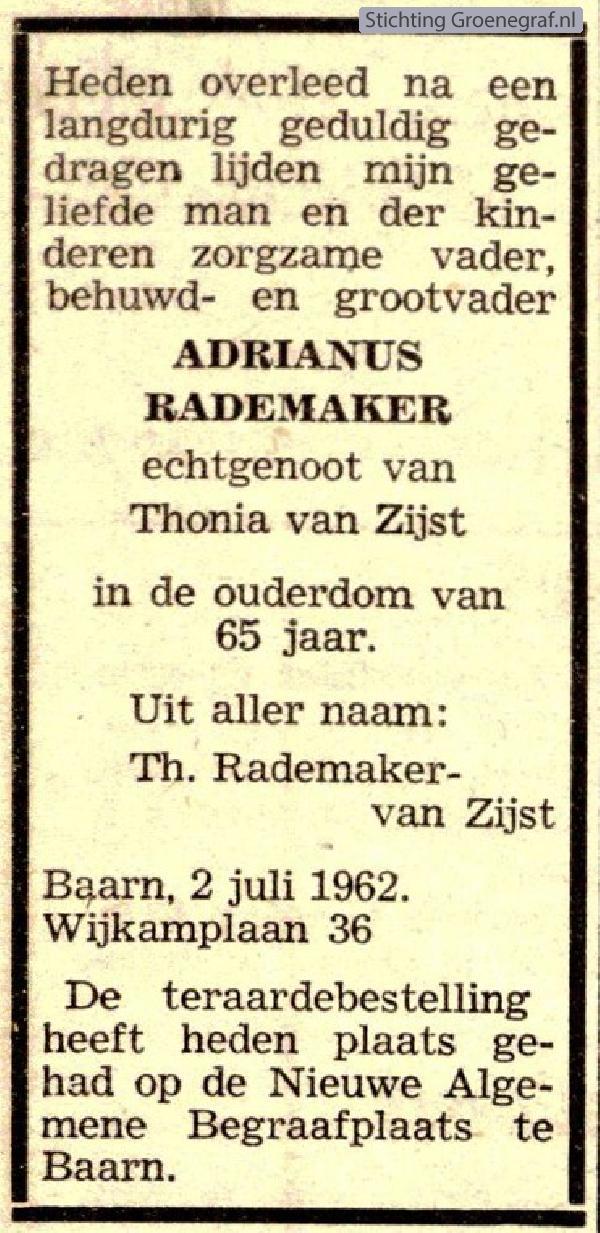 Overlijdensscan Adrianus  Rademaker