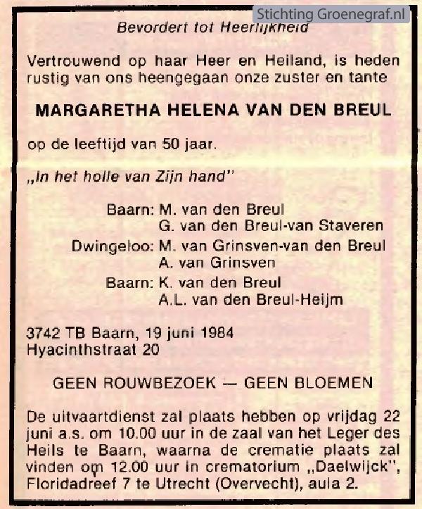 Overlijdensscan Margrieta Helena van den Breul