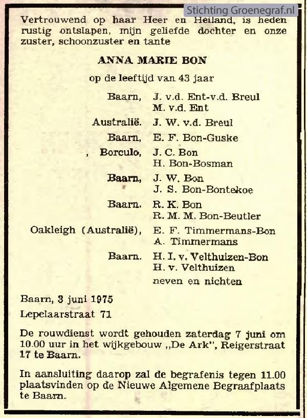 Overlijdensscan Anna Marie  Bon
