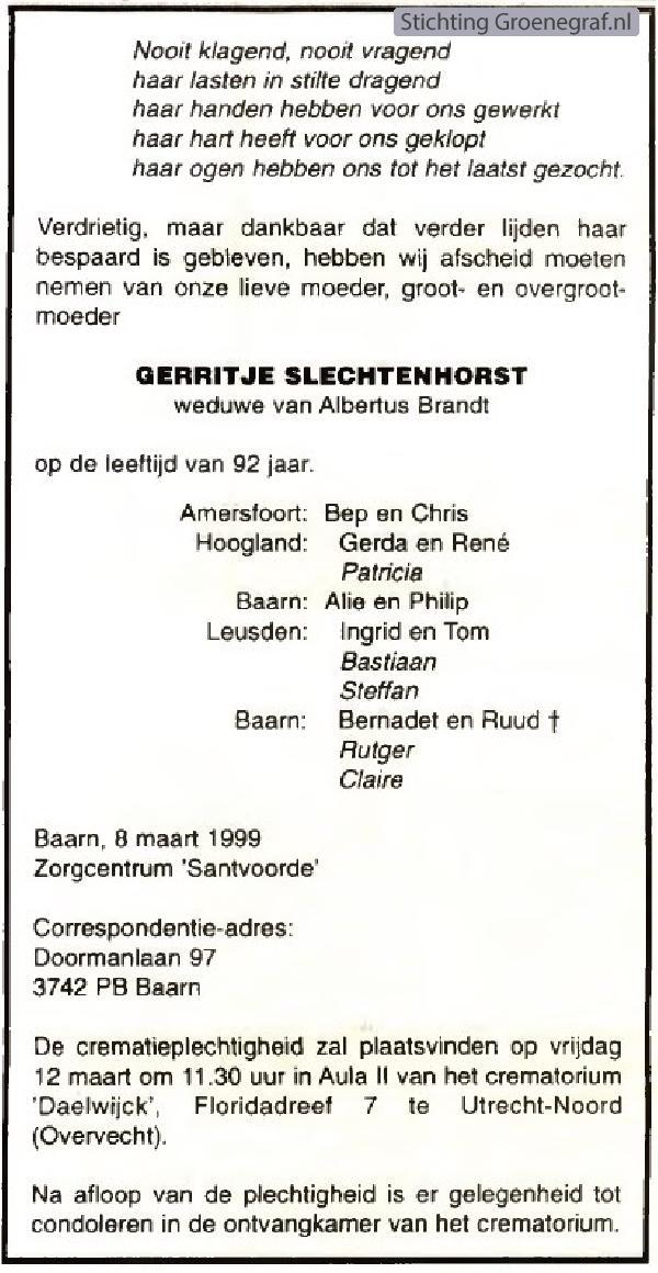 Overlijdensscan Gerritje  Slechtenhorst