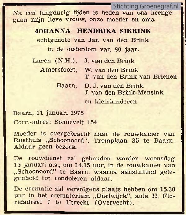 Overlijdensscan Johanna Hendrika  Sikkink