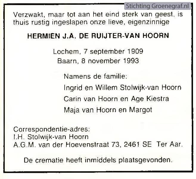 Overlijdensscan Hermina Jacoba Antonia van  Hoorn