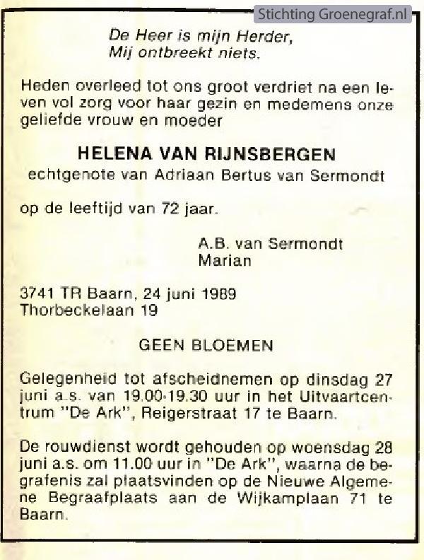 Overlijdensscan Helena van Rijnsbergen