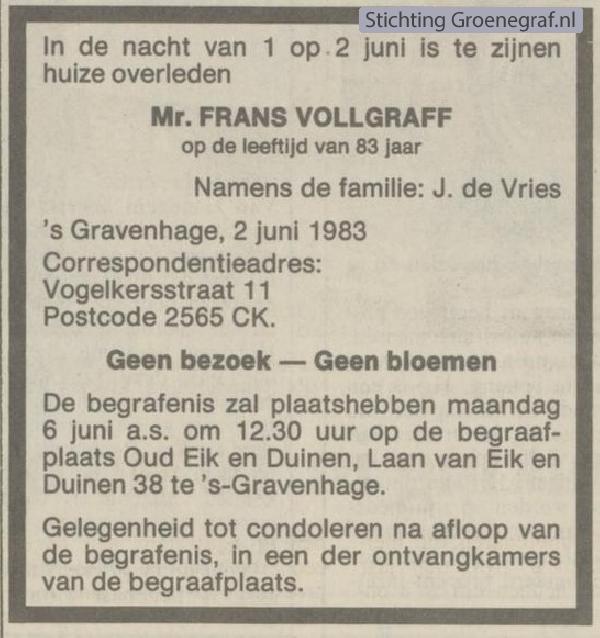 Overlijdensscan Frans  Vollgraff