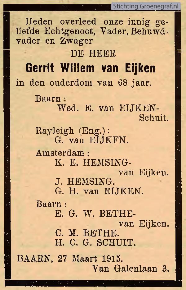 Overlijdensscan Gerrit Willem van Eijken