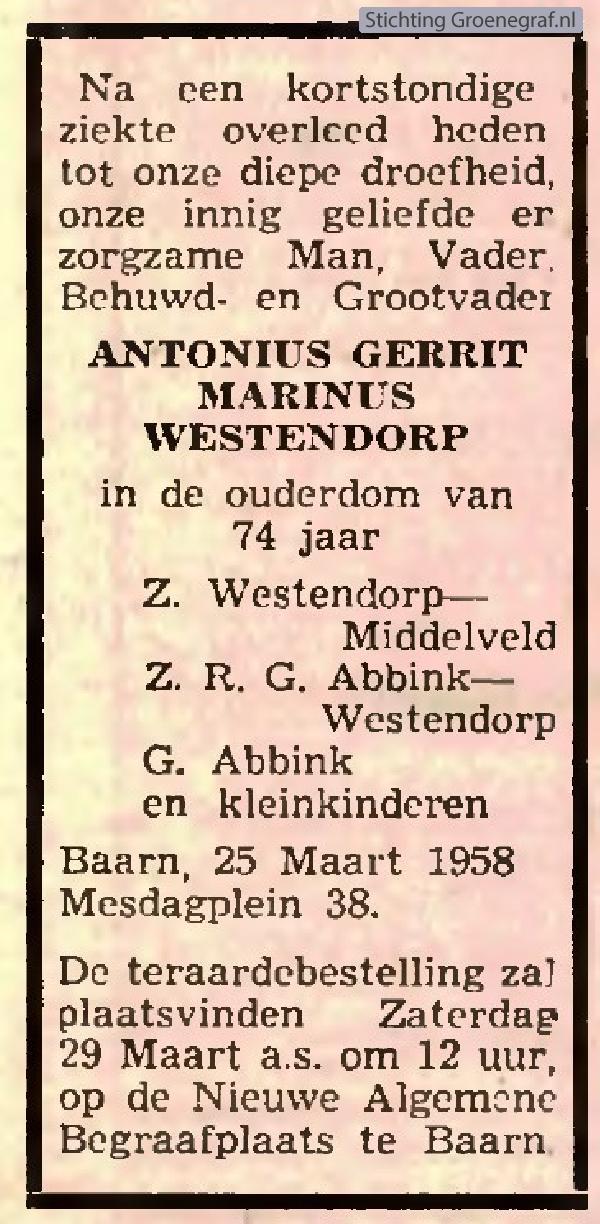 Overlijdensscan Antonius Gerrit Marinus  Westendorp