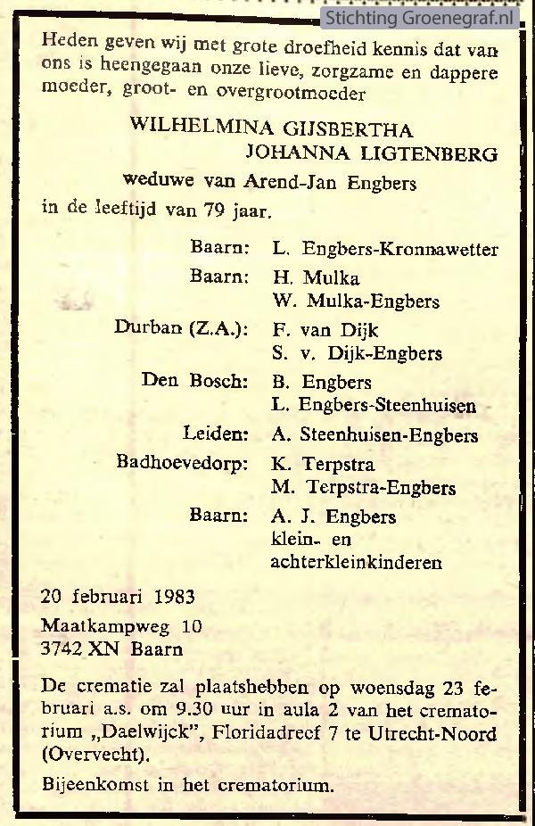 Afbeelding bij Wilhelmina Gijsberta Johanna   Ligtenberg