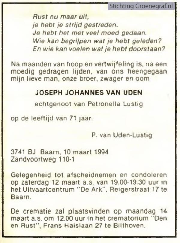 Overlijdensscan Joseph Johannes van Uden