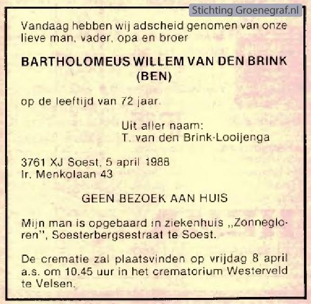Overlijdensscan Bartholomeus Willem van den Brink