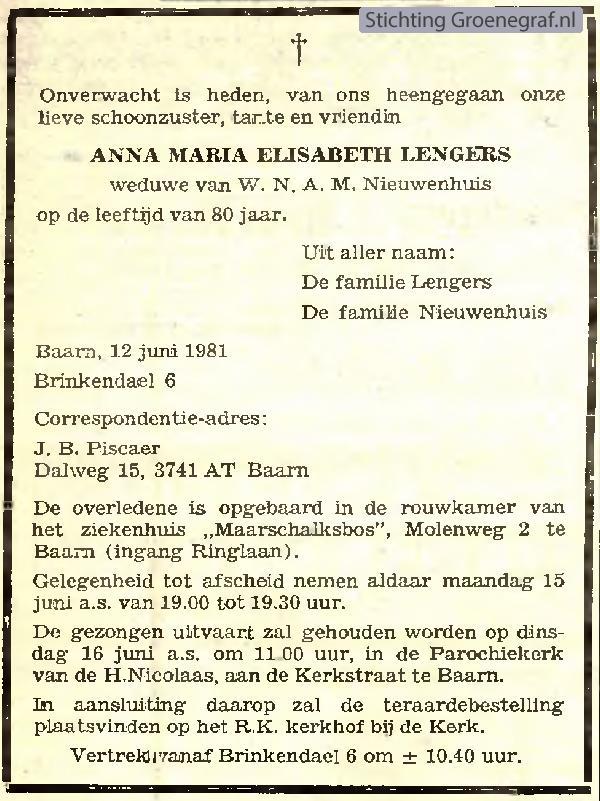 Overlijdensscan Anna Maria Elisabeth  Lengers