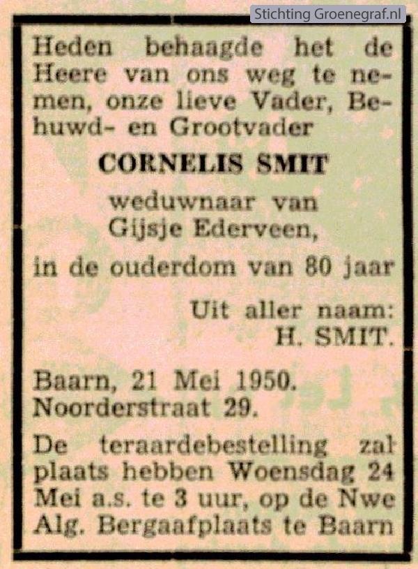 Overlijdensscan Cornelis  Smit