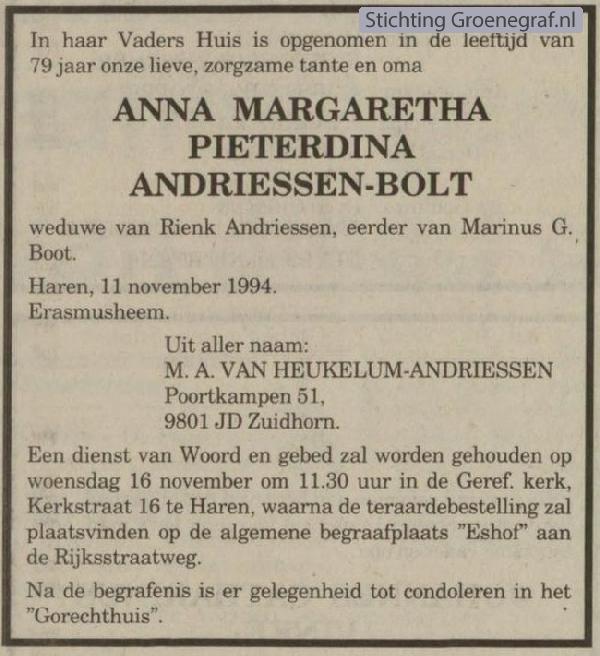 Overlijdensscan Anna Margaretha Pieterdina  Bolt