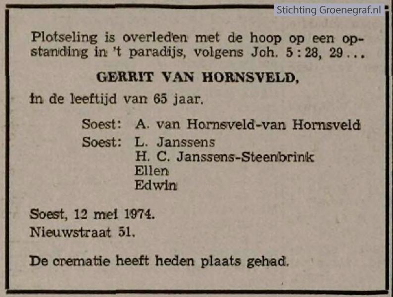 Overlijdensscan Gerrit van Hornsveld