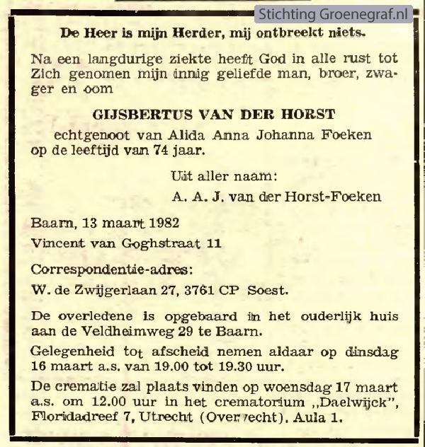 Overlijdensscan Gijsbertus van der Horst