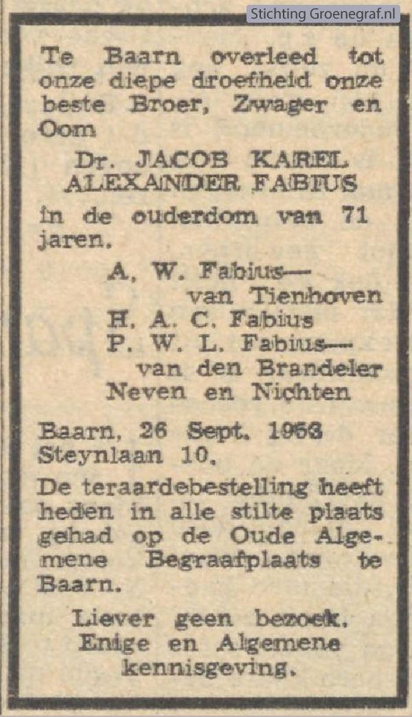 Overlijdensscan Jacob Karel Alexander  Fabius
