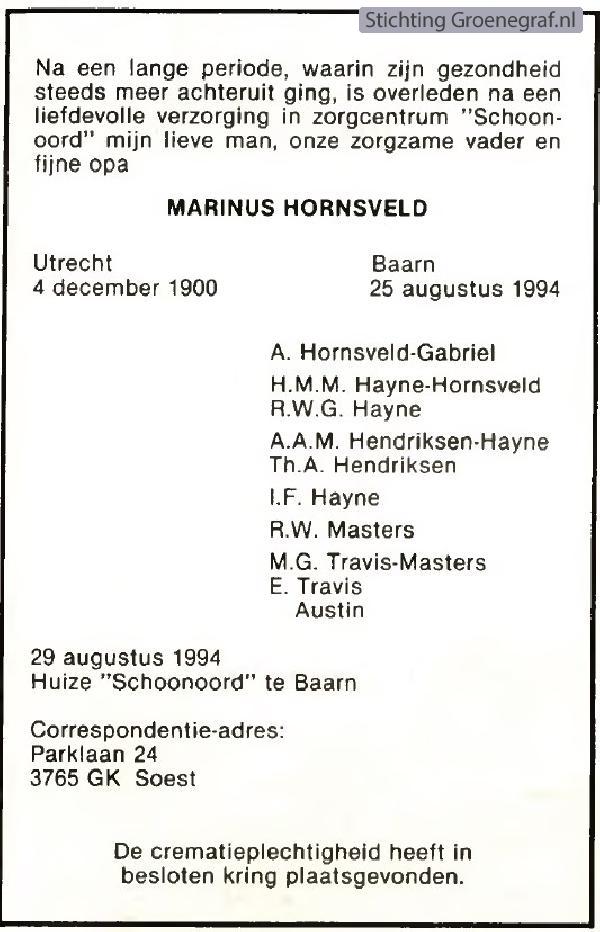 Overlijdensscan Marinus  Hornsveld