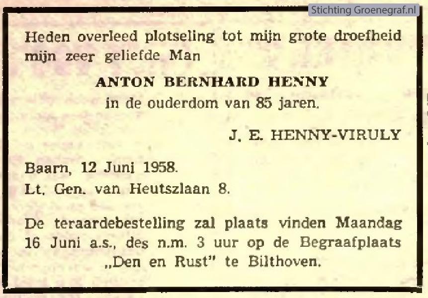 Overlijdensscan Anton Bernhard  Henny